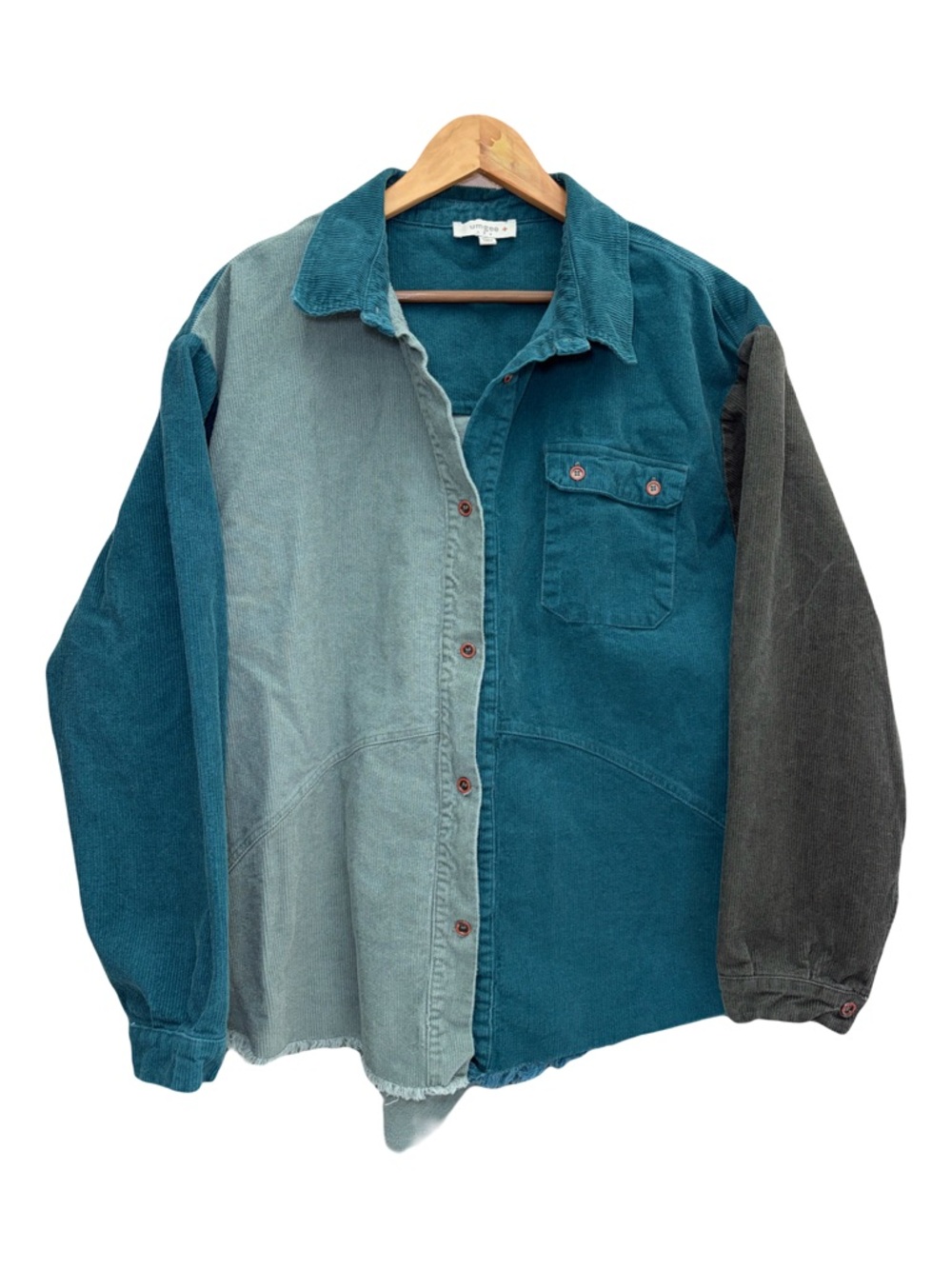 Umgee Colorblock Corduroy Button-Up Shirt Teal Green XL Oversized Distress Boho